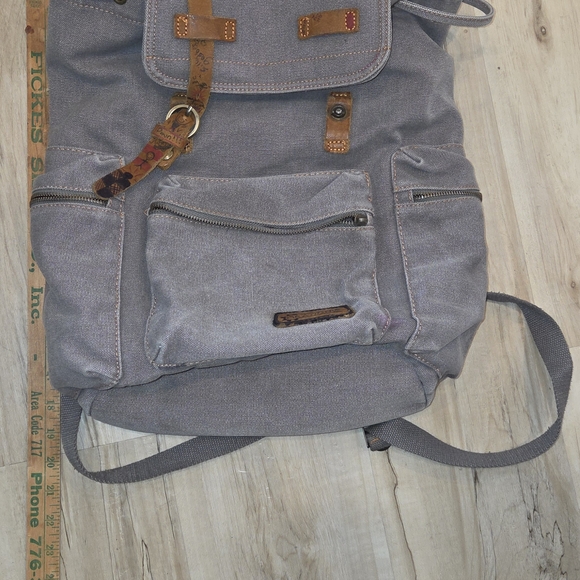 Men's Canvas Backpack in Light Gray with Brown Accents - Picture 10 of 10